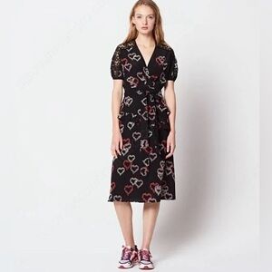 Sandro Silk Heart Print Midi Dress in Black Size M